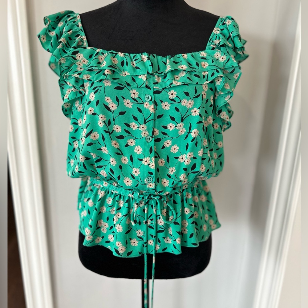 CABI Festival Blouse Green Floral Tank Women Small